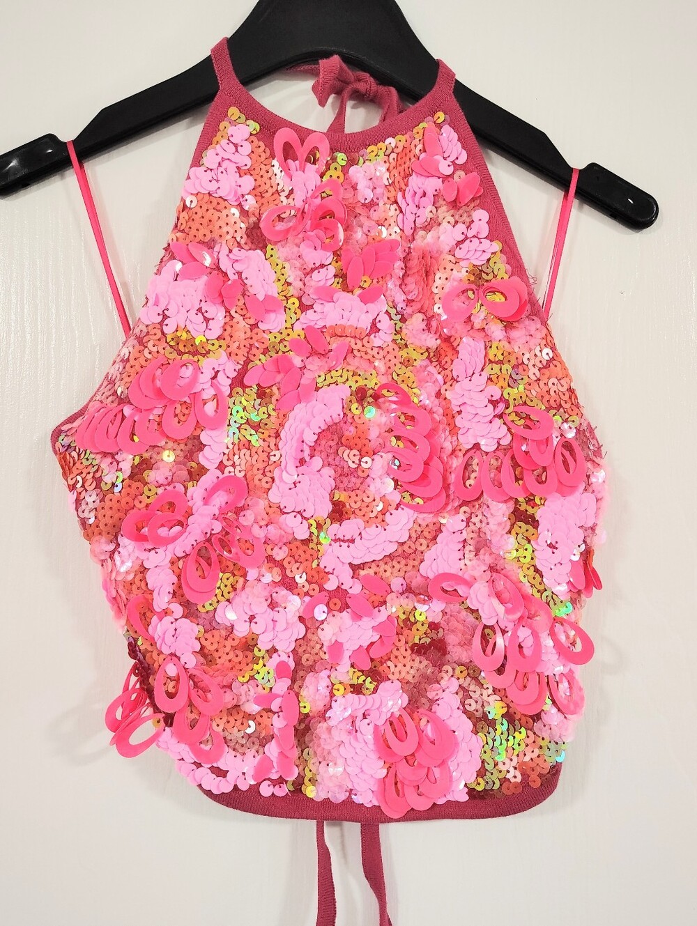 NWT Zara Hot Pink Sequin Halter Crop Top Limited Edition Women's Medium / Large - Picture 3 of 12